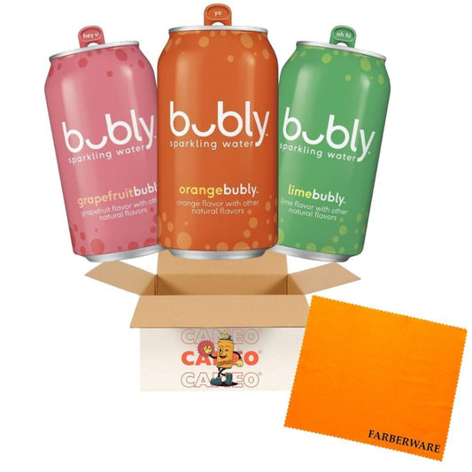 Cameo - Bubly Sparkling Water  Carbonated Water 3 Flavor Variety Pack  Grapefruit, Orange, Lime  Zero Calories & Zero Sugar, 12 Fl Oz Cans (18 Pack)