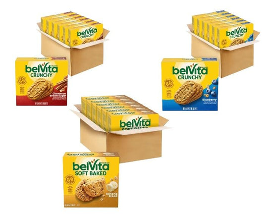 Cameo Value Bundle- Belvita Breakfast Biscuits Variety Pack. Cinnamon Brown Sugar-6 Boxes 120 Total Biscuits. Blueberry- 6 Boxes 120 Total Biscuits. Banana Bread- 6 Boxes 120 Total Biscuits. 360 Total Biscuits