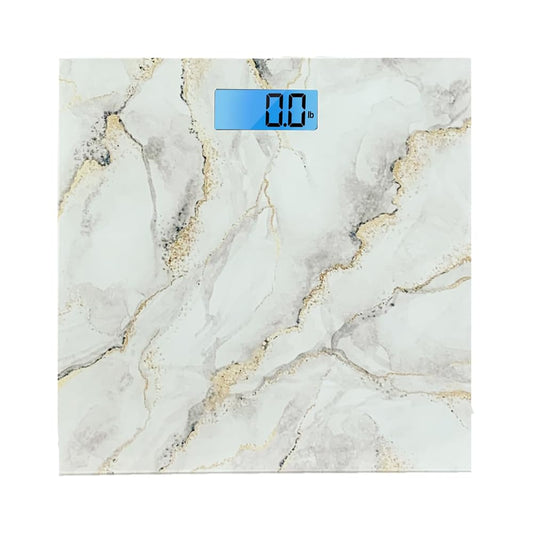 Cameo - Bathroom Scale For Body Weight, Bathroom Body Scale With A Large Lcd Backlight Display And Tempered Glass, Batteries Included, 400lbs (wht Marble)