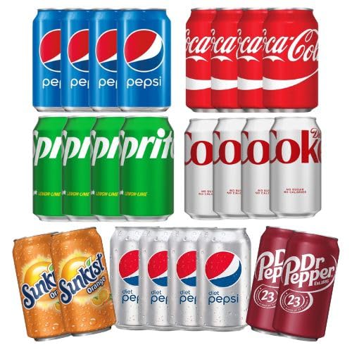 Cameo - Soda Variety Pack  7 Multi Classic Flavor Soft Drink Bundle  Assortments Of Sunkist, Dr. Pepper, Pepsi, Coke, Sprite, Diet Cola, Diet Pepsi  Value Package (24 Pack)