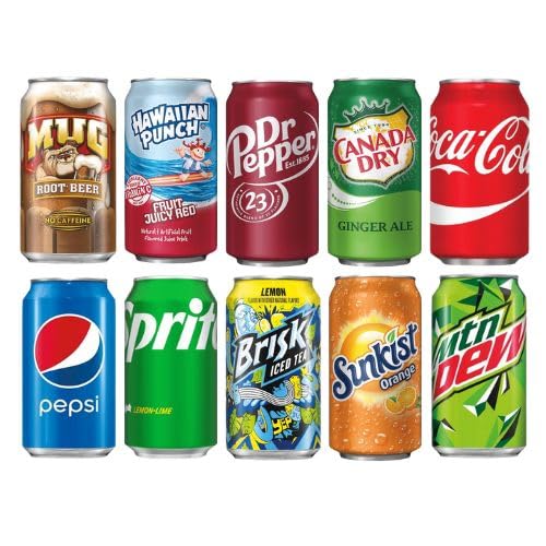 Cameo - Mix Pop Soda Sampler Kit  10 Classic Flavor Soft Drink Bundle  Assortments Of Mug Root Beer, Hawaiian Punch, Dr Pepper, Canada Dry Ginger Ale, Coke, Pepsi, Sprite, Brisk, Sunkist & Mountain Dew  Taster Sampler Package (10 Pack)