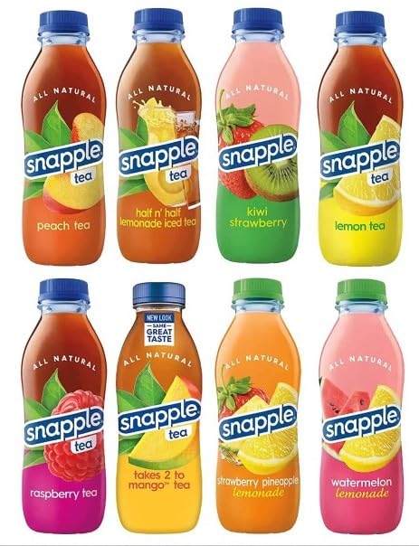 (pack Of 8) Snapple Juice Variety Drinks  8 Different Flavors  Half And Half, Kiwi Strawberry, Raspberry, Lemon, Mango, Peach, Lemonade Watermelon, Strawberry Pineapple Lemonade  16 Fl Oz Plastic Bottle