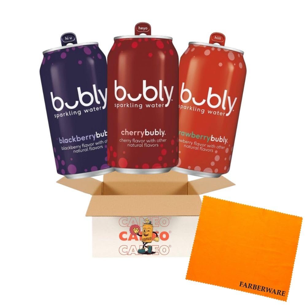 Cameo - Bubly Sparkling Water  Carbonated Water 3 Flavor Variety Pack  Blackberry, Cherry, Strawberry  Zero Calories & Zero Sugar, 12 Fl Oz Cans (18 Pack)