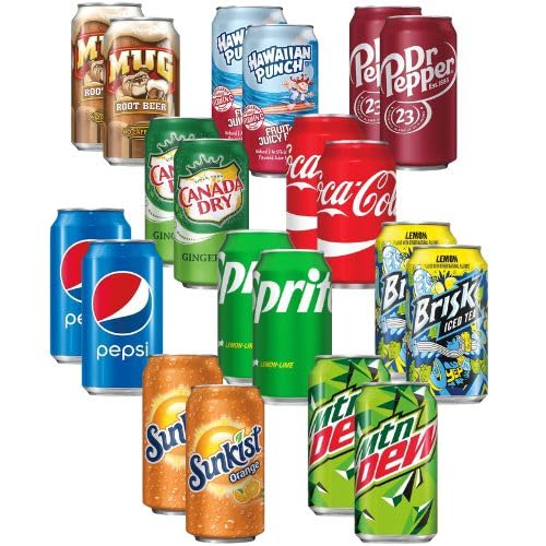 Cameo - Flavourful Mix Pop Soda Pack  10 Multi Classic Flavor Soft Drink Bundle  Assortments Of Mug Root Beer, Hawaiian Punch, Dr Pepper, Canada Dry Ginger Ale, Coke, Pepsi, Sprite, Brisk, Sunkist & Mountain Dew  Best Party Value Package (20 Pack)