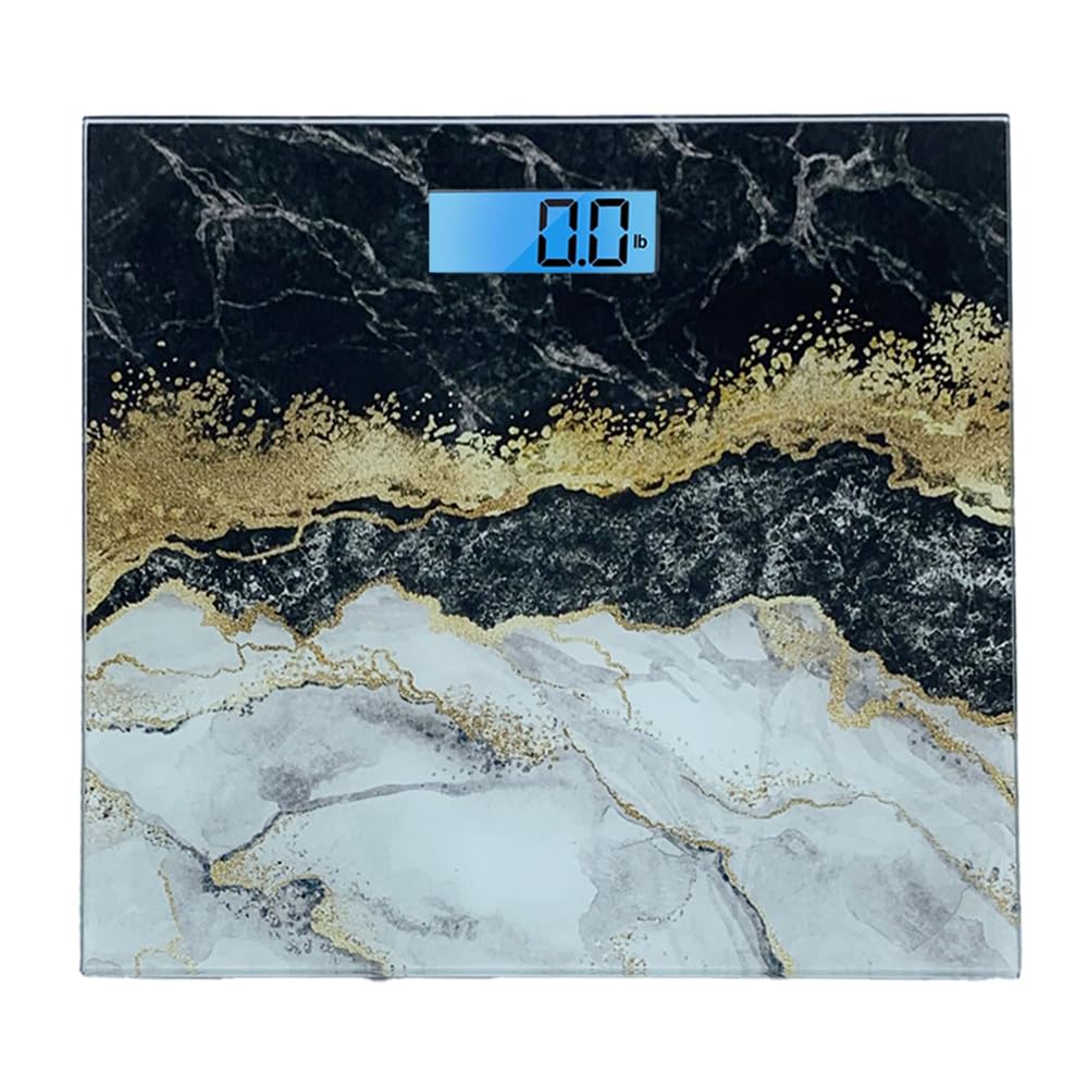 Cameo - Bathroom Scale For Body Weight, Bathroom Body Scale With A Large Lcd Backlight Display And Tempered Glass, Batteries Included, 400lbs (blk Marble)