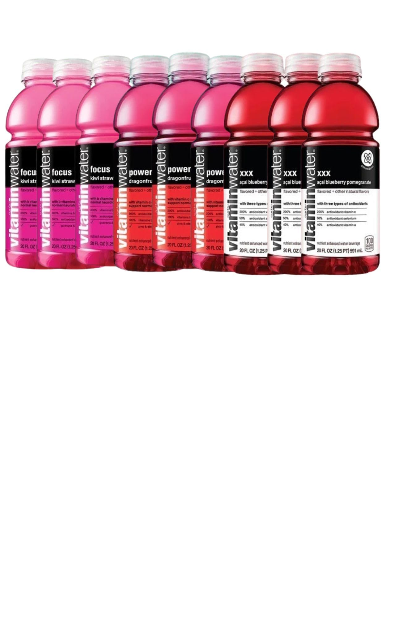 Cameo Selection - Vitamin Flavored Water- 20oz- Focus Kiwi Strawberry, Power C Dragon Fruit, And Xxx Acai Blueberry Variety Pack (9 Pack)