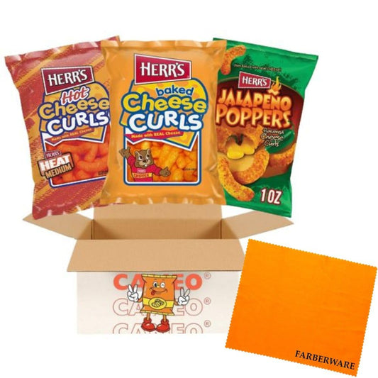 Cameo Spicy Cheesy Bundle  Herrs Cheese Curl Bundle  Assortments Of Baked Cheese Curls, Hot Cheese Curls, Jalepeno Poppers  3 Favorite Snack Bundle  1oz Bag Variety Value Pack  (18 Pack)