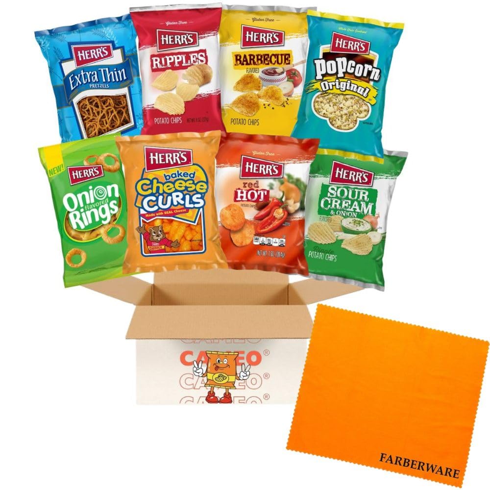 Cameo Fun Snack Bundle  Herrs Classic Snack Bundle  Assortments Of Extra Thin Pretzels, Ripple Potato Chips, Bbq, Original Pop Corn, Onion Rings, Cheese Curls, Red Hot, Sour Cream & Onion  8 Delicious Snacks Combo  1oz Bag (24 Pack)