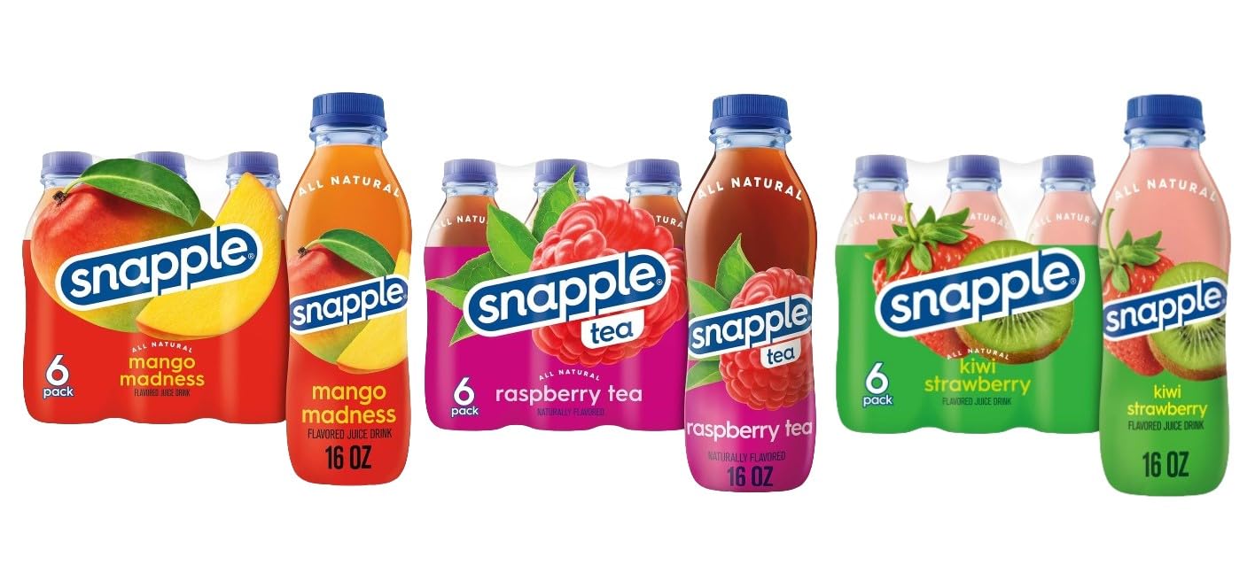 Cameo - Juicy Twist Bundle  3 Flavored Snapple Juice Drinks  Assortments Of Mango Madness, Raspberry, Kiwi Strawberry  Bundle And Save  16 Fl Oz Plastic Bottle (18 Pack)