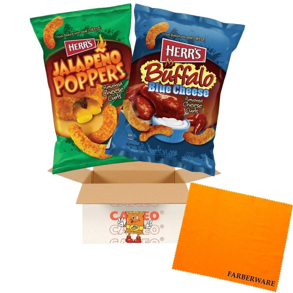 Cameo Hot Cheesy Bundle  Herrs Cheese Curls Bundle  Assortments Of Jalapeno Poppers & Buffalo Blue Cheese Curls  2 Delicious Snacks Combo  1oz Bag (24 Pack)