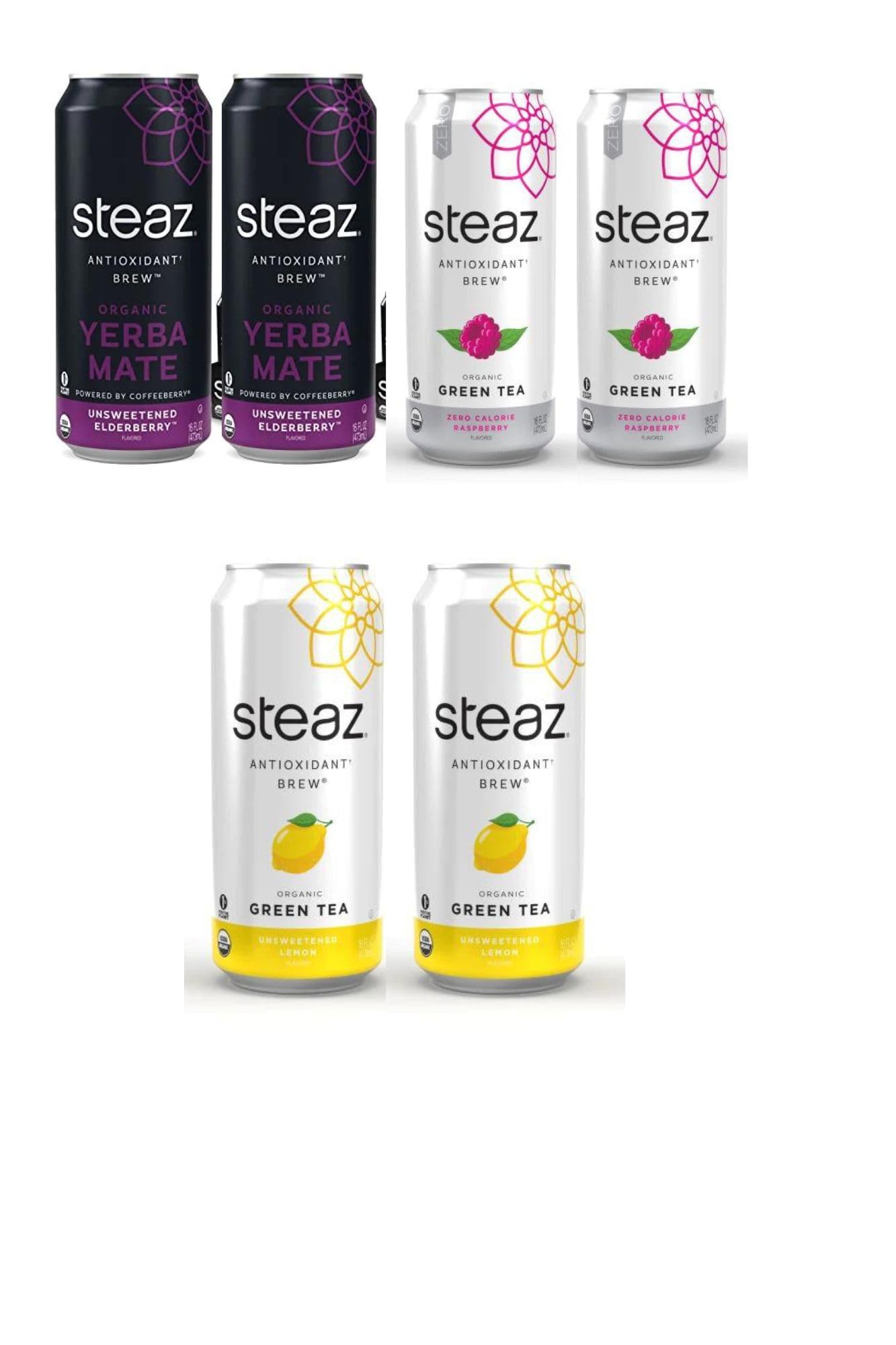 Cameo Selection - Steaz Organic Flavored Tea - 16oz Variety Pack (6 Pack) Zero Calorie Raspberry- Unsweetened Elderberry- Unflavored Lemon 2 Cans Each