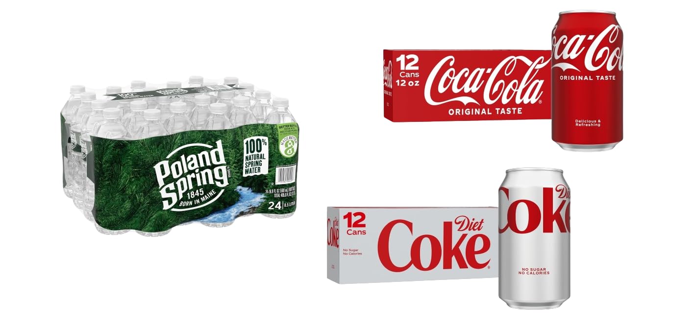 Cameo - Hybrid Bundle  3 Variety Soda Water Bundle Package  Assortments Of Poland Springs Water, Coke, Diet Cola  16.9oz Plastic Bottle, 12oz Can (48 Pack)