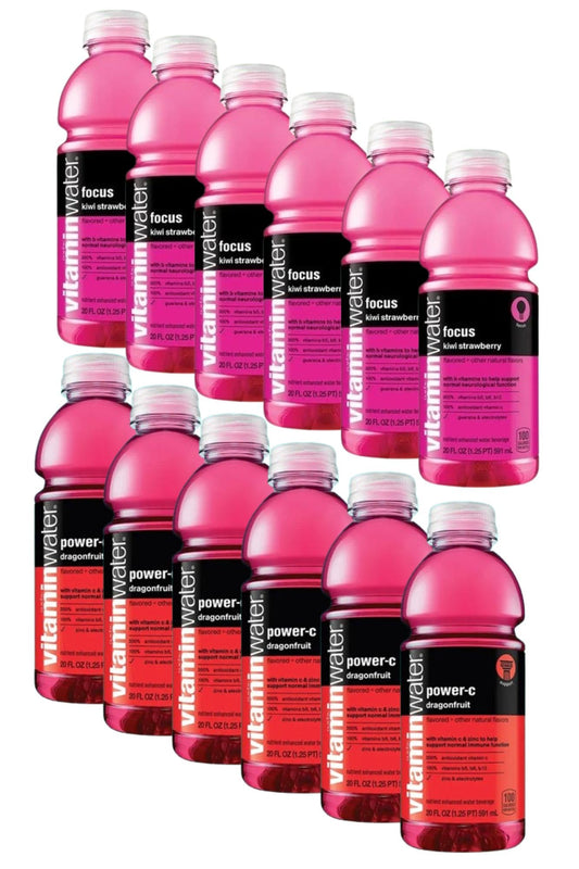 Cameo Selection - Vitamin Flavored Water- 20oz- Focus Kiwi Strawberry,and Power C Dragon Fruit Variety Pack (12 Pack)