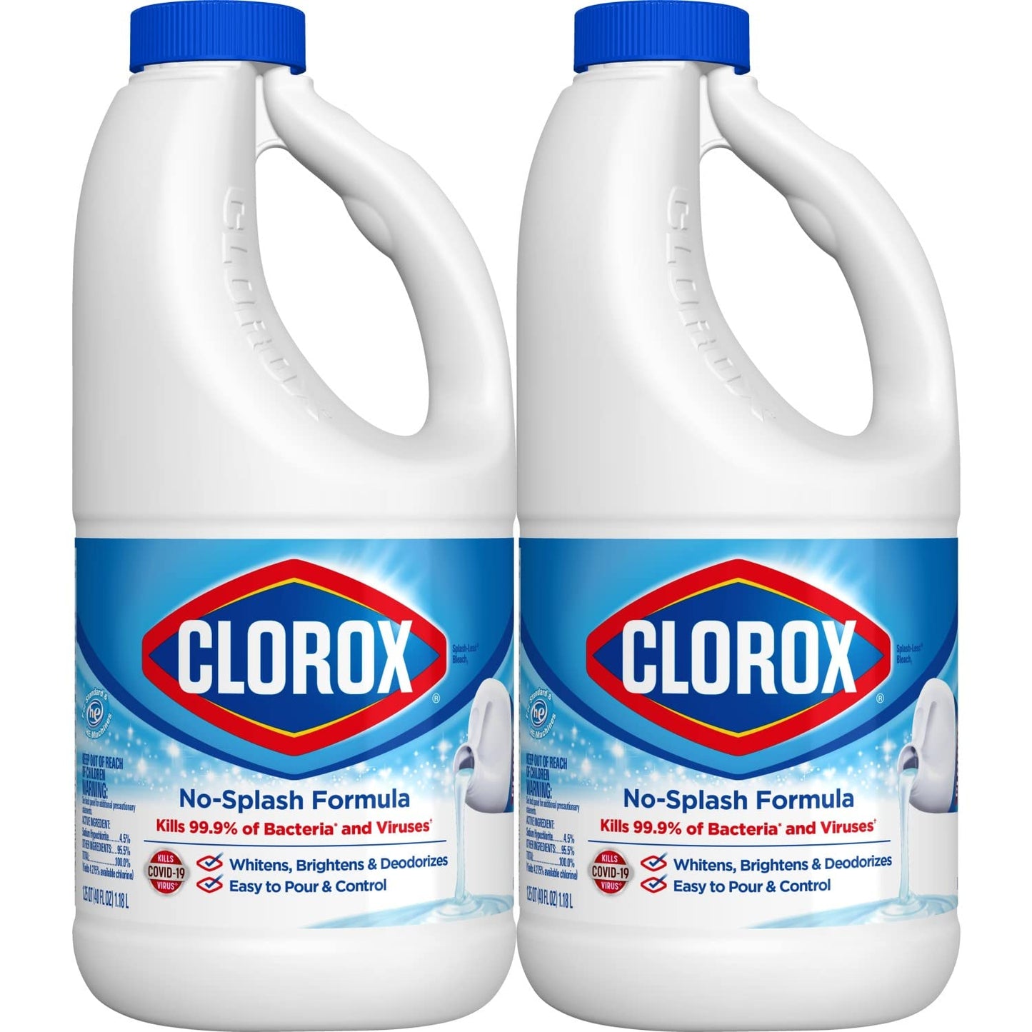 Clorox Splash-less Bleach1, Disinfecting Bleach Kills 99.9% Of Bacteria And Viruses, Regular 40 Fluid Ounce Bottle - Pack Of 2 (package May Vary)