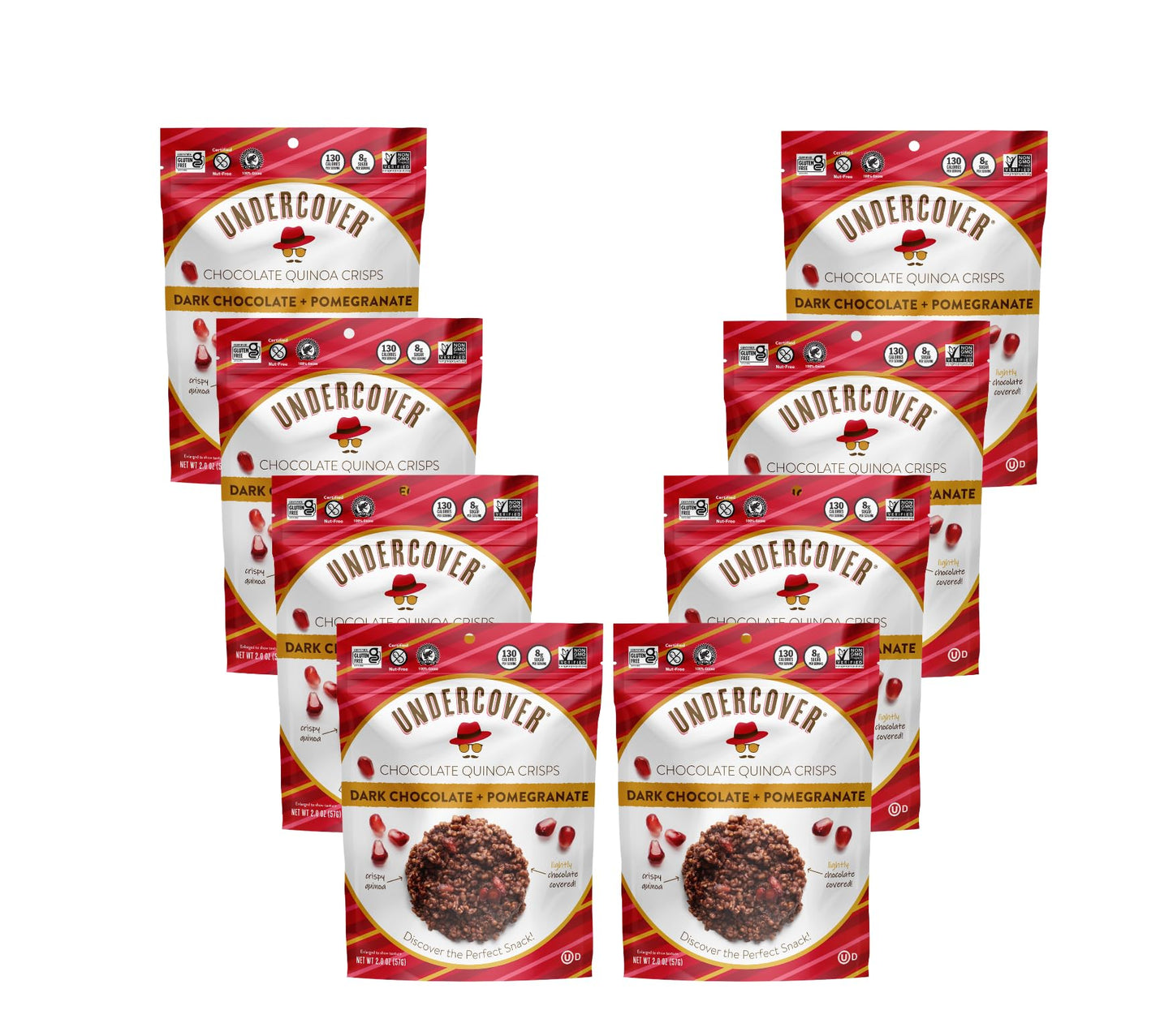 Undercover Chocolate Quinoa Crisps - Dark Chocolate  Pomegranate Quinoa Crisps  8-pack, 2oz Bags  Gluten Free, Nut-free, Allergen Friendly, Kosher, Plant-based