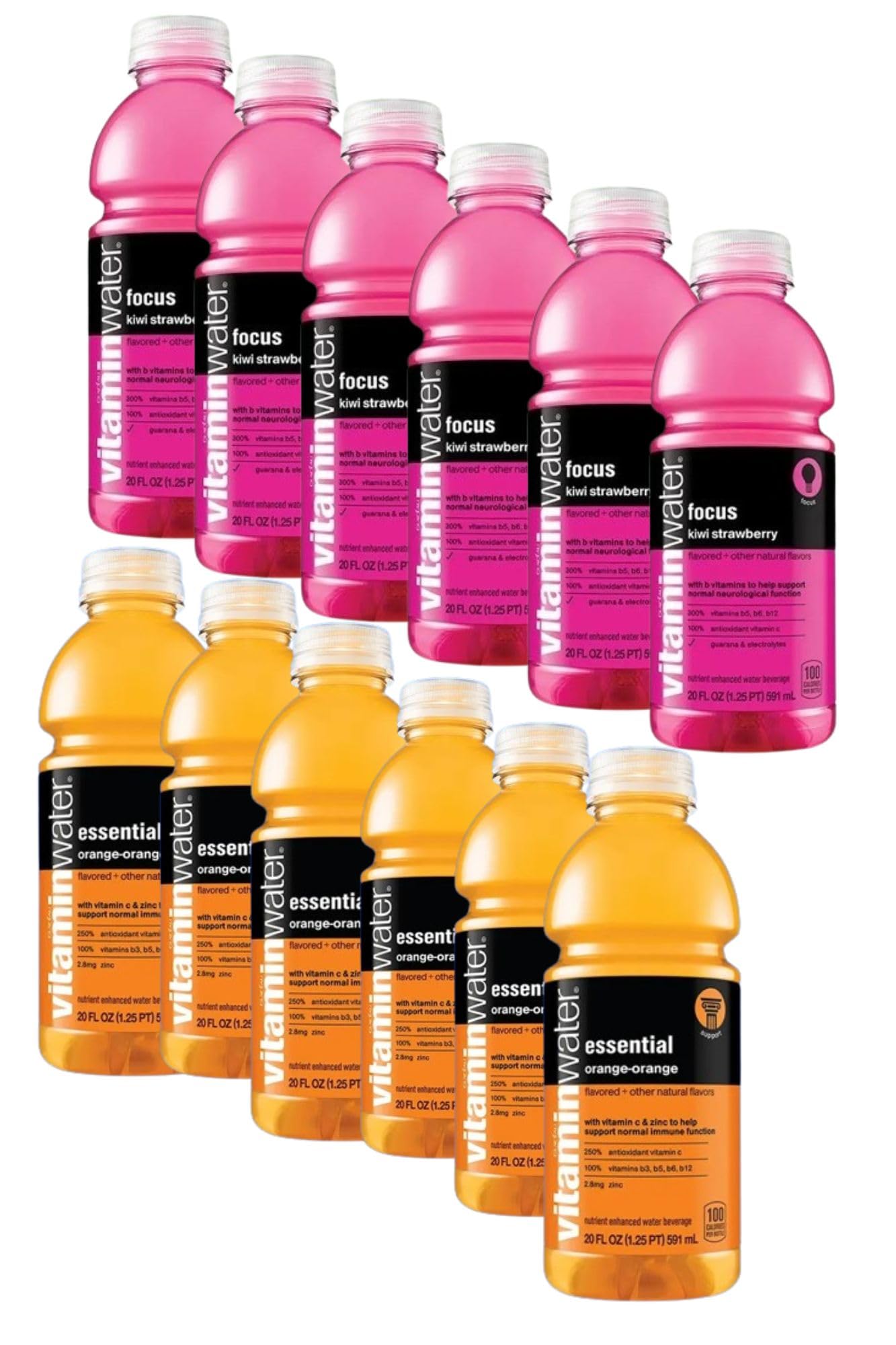 Cameo Selection - Vitamin Flavored Water- 20oz- Focus Kiwi Strawberry,and Essential Orange-orange Variety Pack (12 Pack)