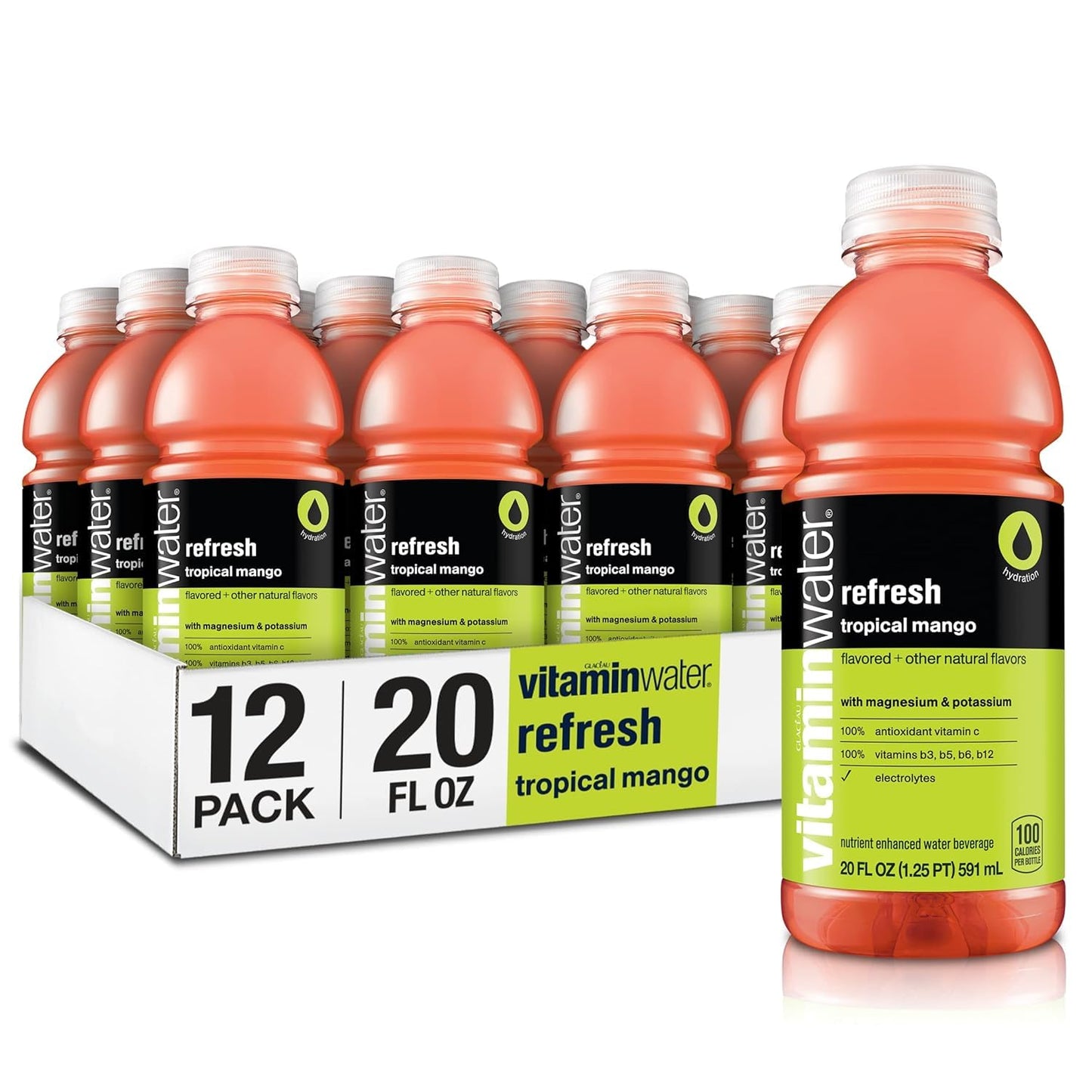 Vitaminwater Refresh Electrolyte Enhanced Water Wvitamins, Tropical Mango Drinks, 20 Fl Oz, 48pack