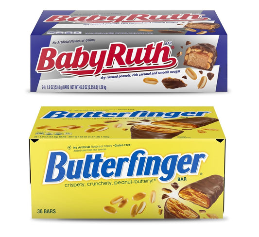 Butterfinger & Baby Ruth Full Size Individually Wrapped Candy Chocolate Bars, 1.9 Oz Each, Bulk 60 Pack