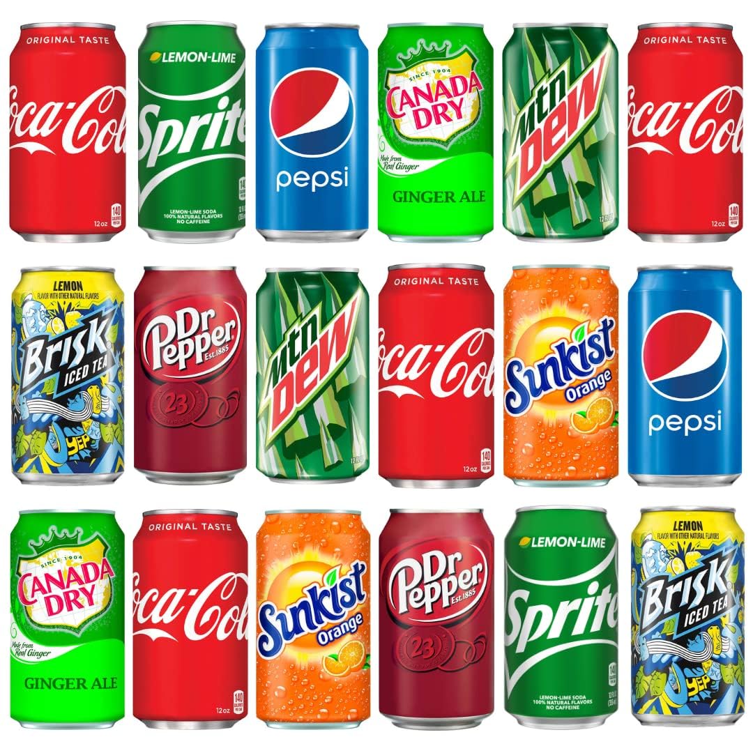 Cameo - Soda Variety Pack  8 Multi Flavor Soft Drink Bundle  Assortments Of Coke, Sprite, Pepsi, Canada Dry Ginger Ale, Mountain Dew, Brisk, Dr. Pepper, Sunkist  Fridge Value Pack 12oz. (18 Pack)