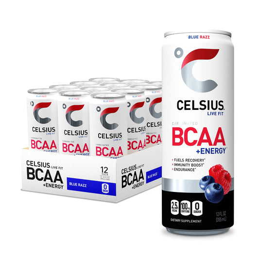 Celsius Bcaa Energy Post-workout Recovery & Hydration Drink 12 Fl Oz, Sparkling Blue Razz (pack Of 12),12 Fl Oz (pack Of 12) Bcaa Sparkling Blue Razz