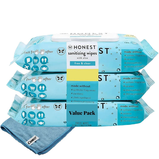 3 Honest Pack-wipes Made With Aloe  Unscented, 150 Count (3 Packs Of 50) Bundled With Microfiber Cleaning Cloth Unscented 50 Count (pack Of 3)