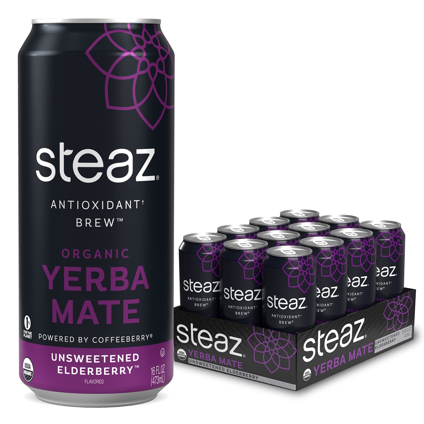 Steaz Antioxidant Brew Organic Yerba Mate Tea 16 Oz. Pack Of 12 (unsweetened Elderberry)