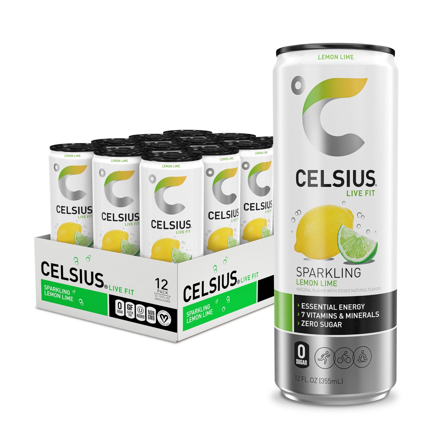 Celsius Sparkling Lemon Lime, Functional Essential Energy Drink, 12 Fl Oz (pack Of 12) Sparkling Lemon Lime 12 Fl Oz (pack Of 12)