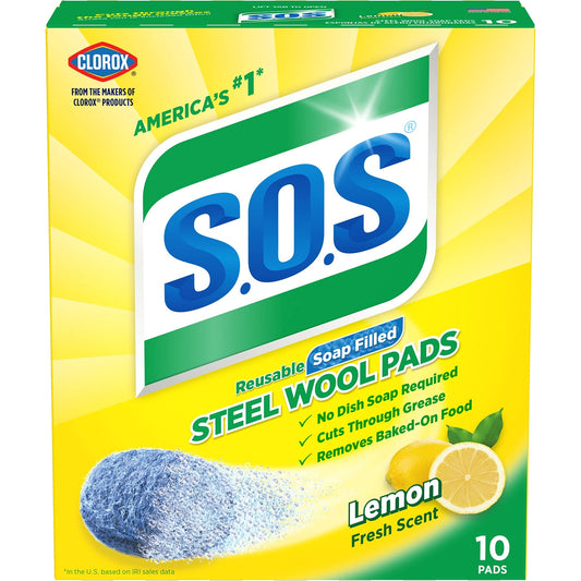 S.o.s Steel Wool Soap Pads, Home Cleaning Pads, Reusable Soap Scrubbers, Grease Cleaner, Outdoor, Bathroom Or Kitchen Cleaning, Lemon Fresh Scent, 10 Count