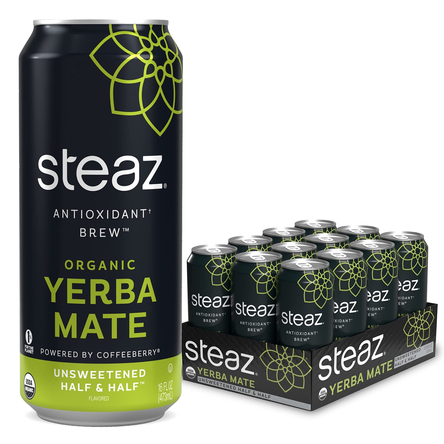 Steaz Antioxidant Brew Organic Yerba Mate Tea 16 Oz. Pack Of 12 (unsweetened Half & Half)