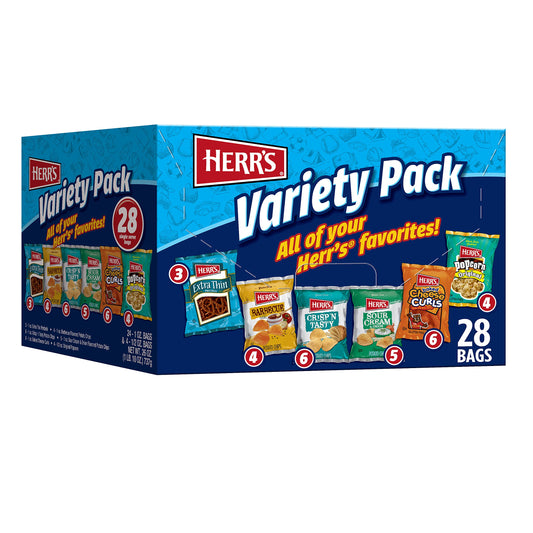 Herrs Snacks Variety Pack, Potato Chips, Pretzels, Popcorn, Cheese Curls, 26oz Box (28 Bags) Cheese, Sour Cream 0.93 Ounce (pack Of 28)