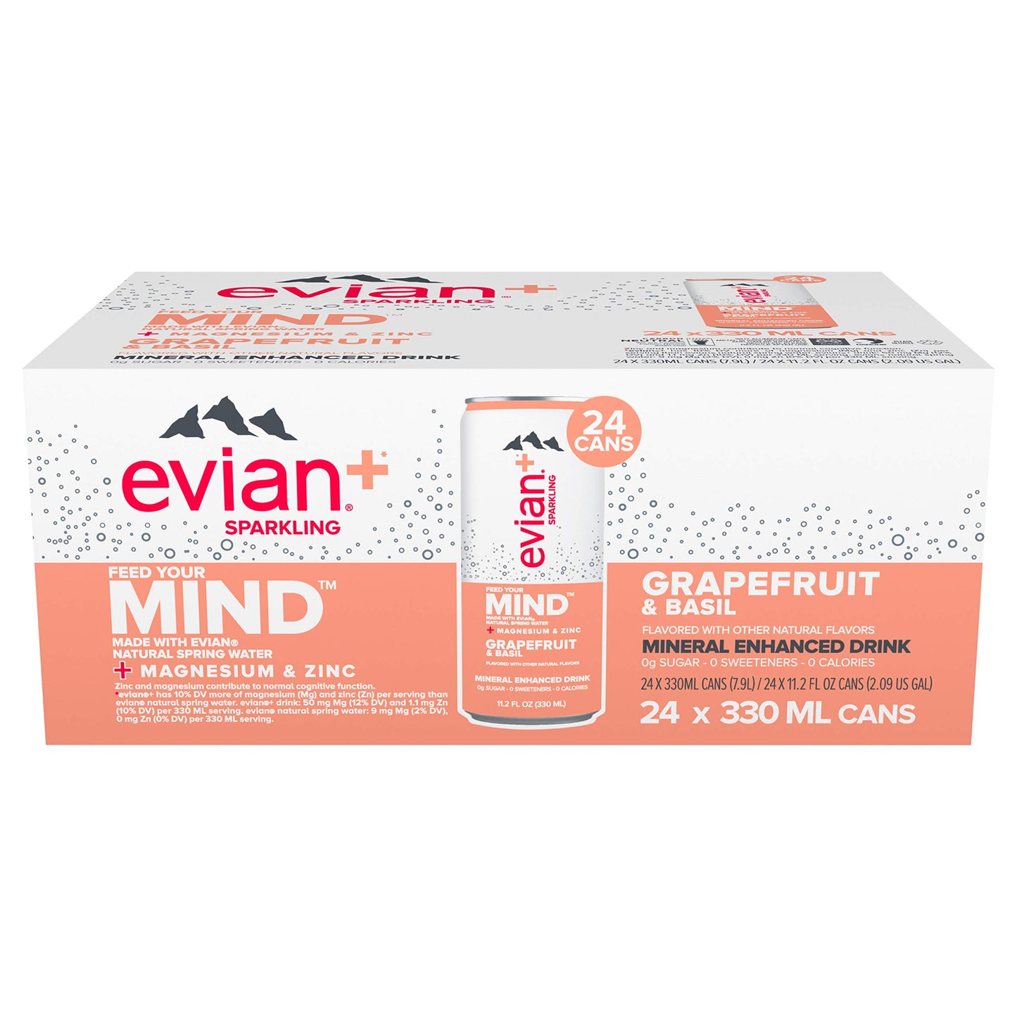 Evian  Sparkling Mineral Enhanced With Magnesium & Zinc Drink, Grapefruit & Basil, 11.2 Fl Oz, Pack Of 24