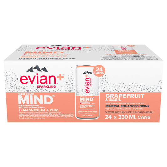 Evian  Sparkling Mineral Enhanced With Magnesium & Zinc Drink, Grapefruit & Basil, 11.2 Fl Oz, Pack Of 24