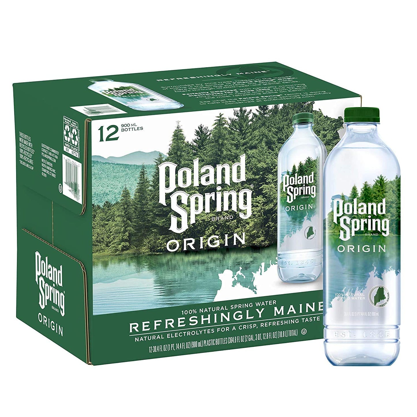 Poland Spring Origin, 100% Natural Spring Water, 900ml Recycled Plastic Bottle, 12 Pack (4 Pack)