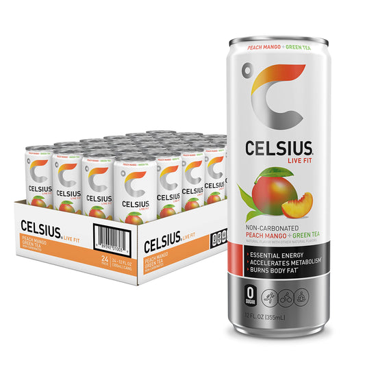 Celsius Peach Mango Green Tea, Functional Essential Energy Drink, 12 Fl Oz (pack Of 24) Green Tea Peach Mango 12 Fl Oz (pack Of 24)