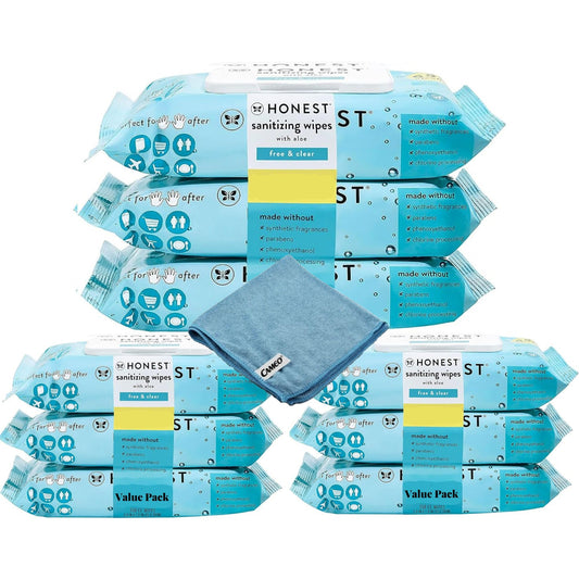 9 Honest Bulk Pack-wipes Made With Aloe  Unscented, 450 Count (9 Packs Of 50) Bundled With Microfiber Cleaning Cloth Unscented 50 Count (pack Of 9)