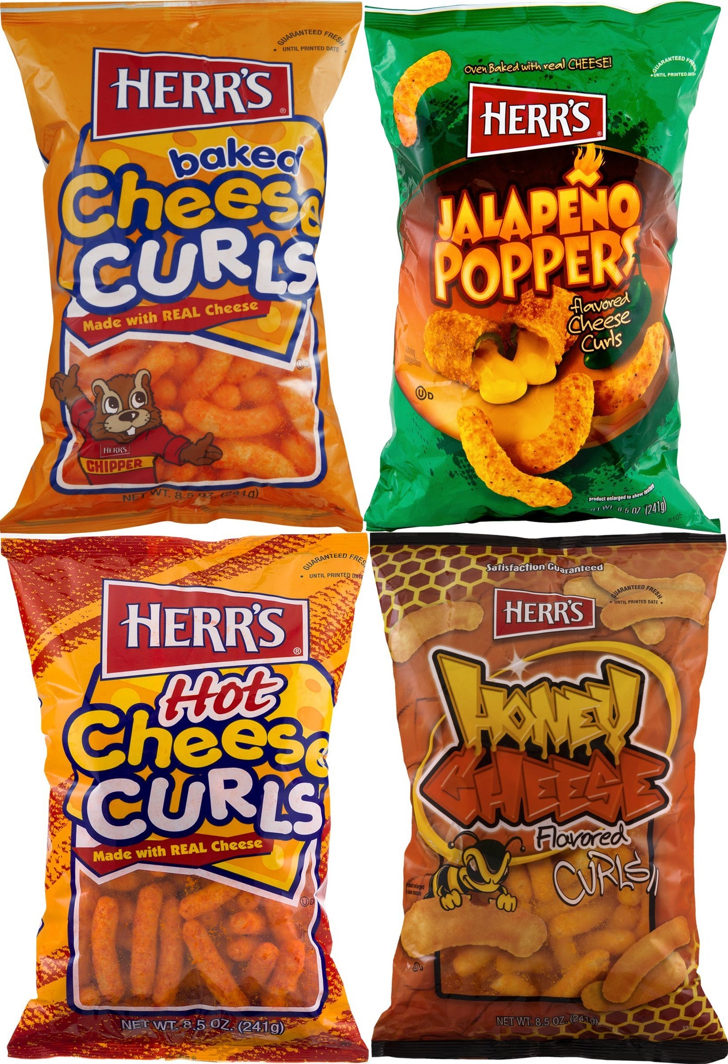 Herrs Cheese Curls, Hot Cheese Curls, Honey Cheese Curls & Jalapeno Poppers Variety 4-pack