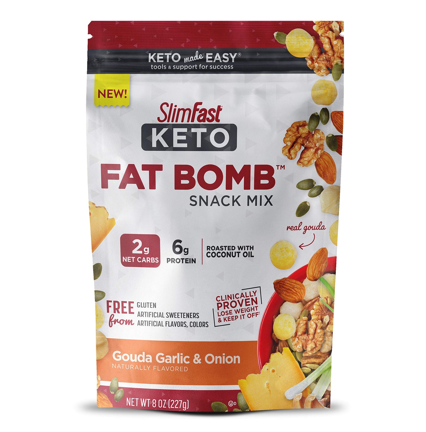 Slimfast Keto Fat Bomb Snack Mix, Gouda Garlic & Onion, Keto Snacks For Weight Loss, Low Carb With 6g Of Protein, 8 Oz Bag